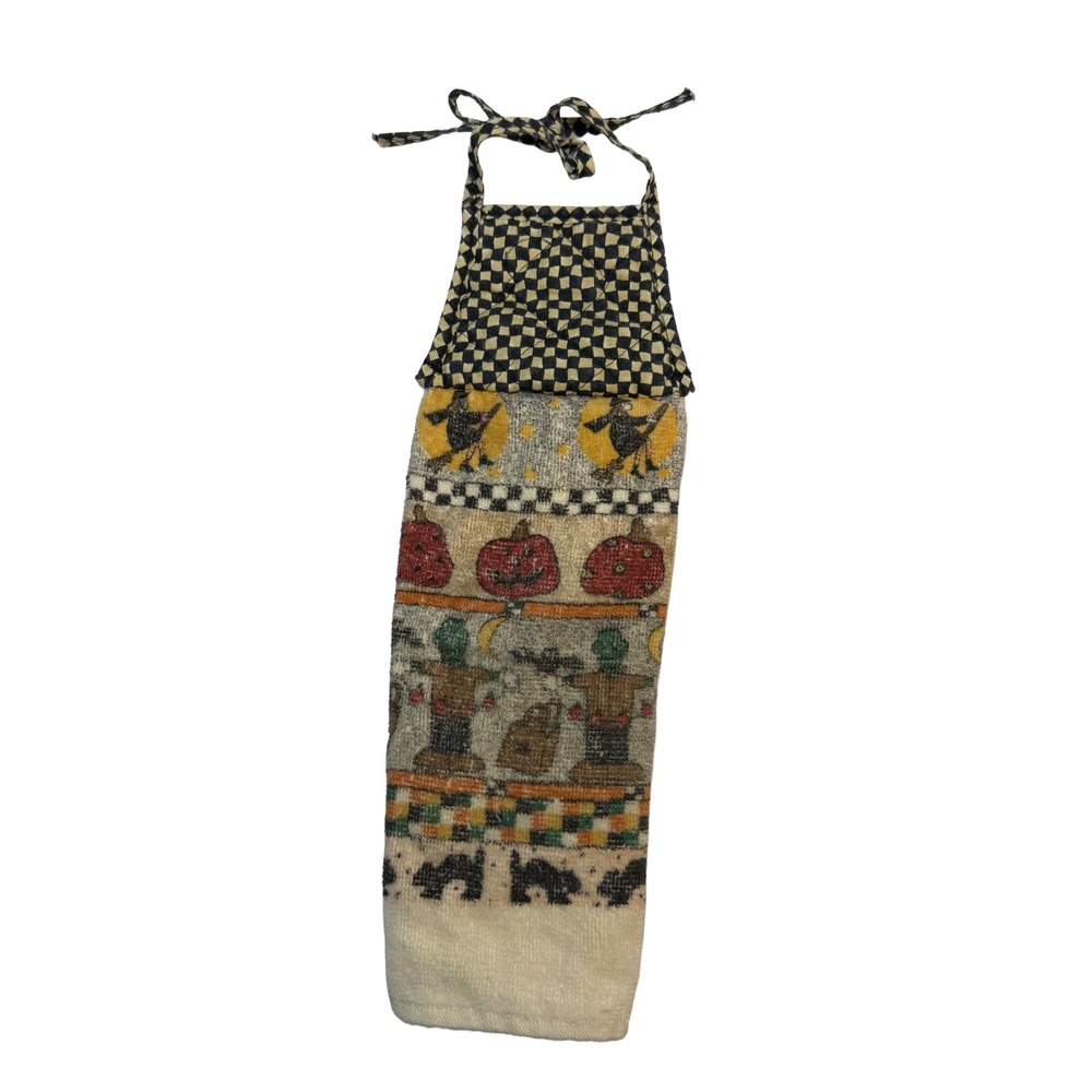 Halloween Fall Hanging Kitchen Towel Quilted Checker Tie Top Witch Pumpkin VTG